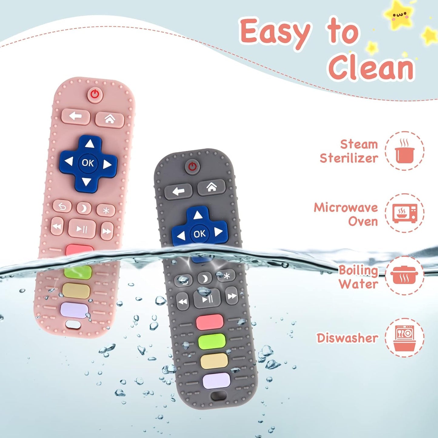 2 Pack Silicone Teething Toys for Babies 0-6 Months, Teethers 6-12 Remote Teether Baby, Sensory Babies, Baby Chew Toys, Toddler Infant Newborn Girl Boy, Pink-Gray