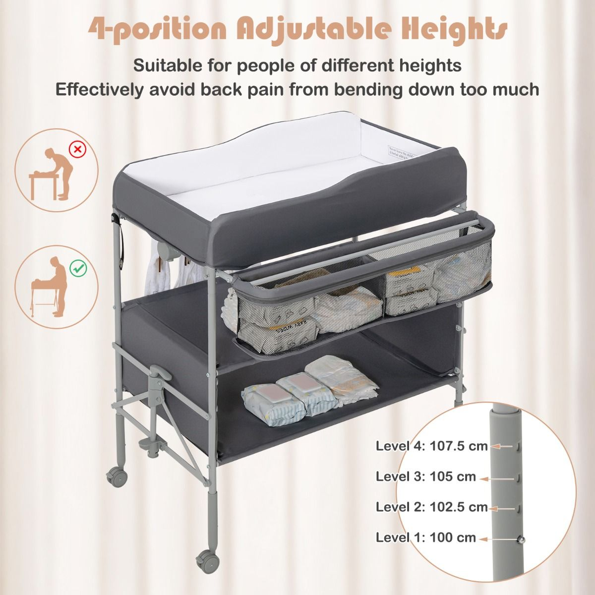Folding Nursery Changing Table with Lockable Wheels and Storage Basket