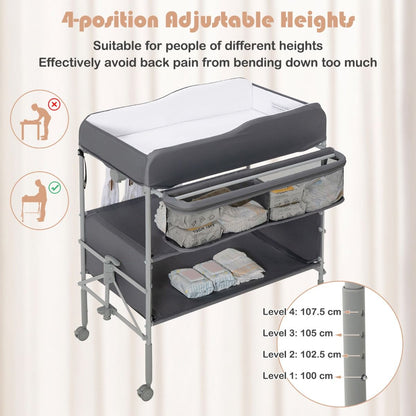 Folding Nursery Changing Table with Lockable Wheels and Storage Basket