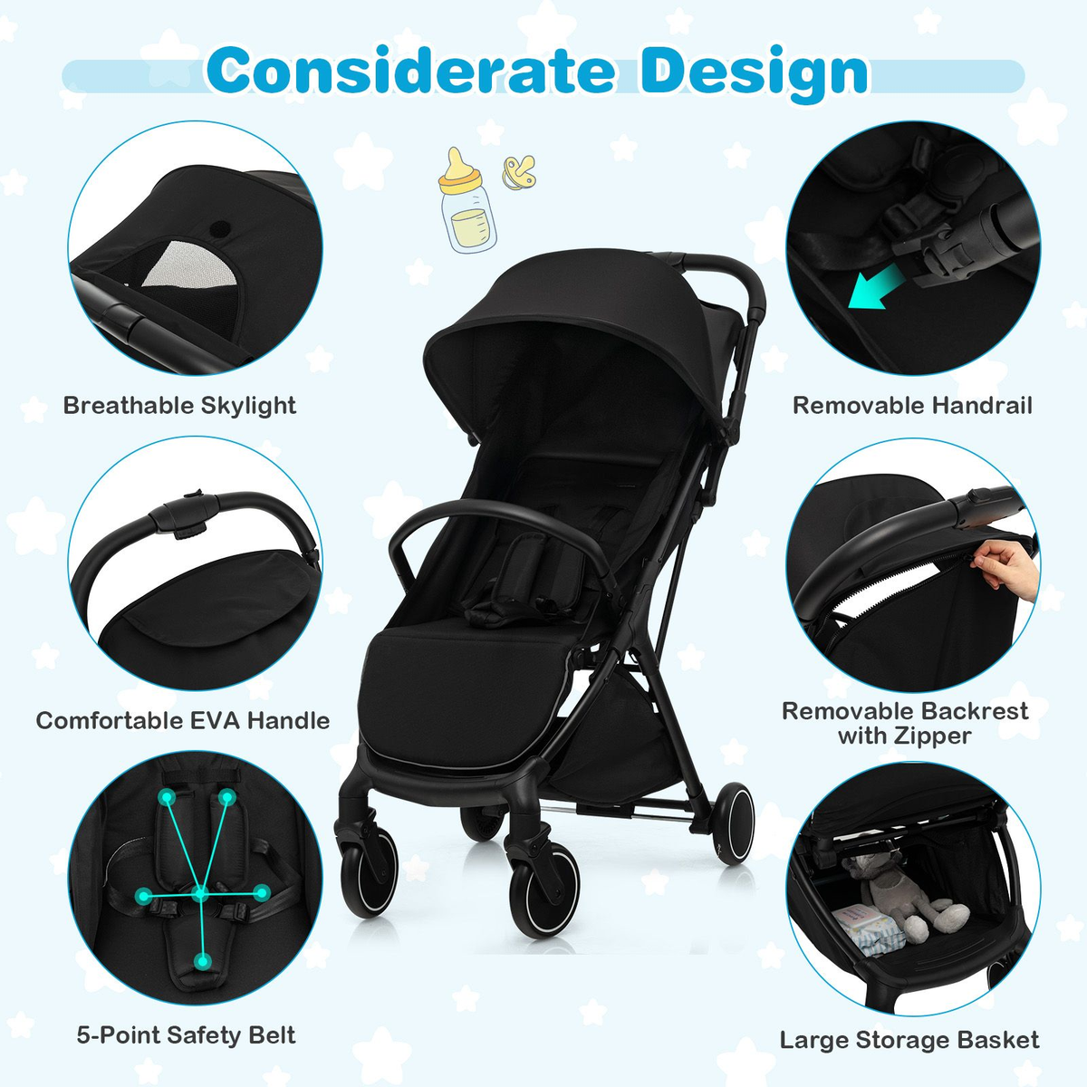 Lightweight Baby Stroller with Detachable Seat Cover