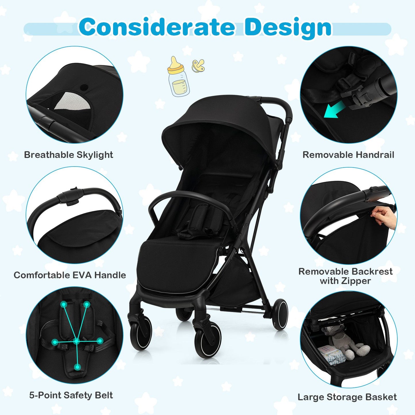 Lightweight Baby Stroller with Detachable Seat Cover