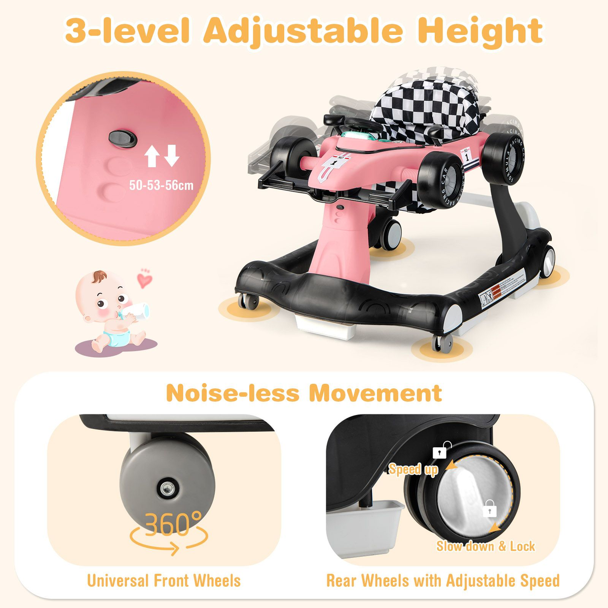 4-In-1 Baby Push Walker with Adjustable Height and Speed