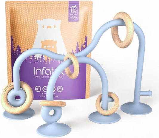 Teething Suction Toy - Premium Wood & Silicone Sensory Teether for Babies 0-6 Months, Perfect for High Chairs - Ideal Baby Gift for Boys & Girls - Blue