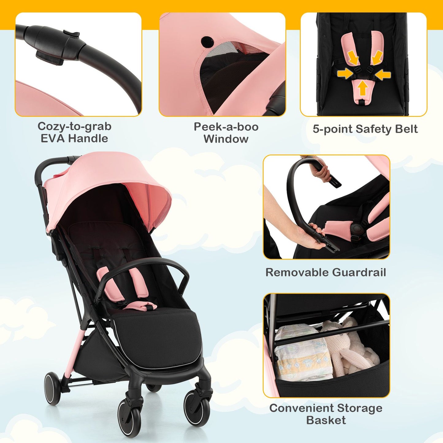 Lightweight Baby Stroller with Detachable Seat Cover