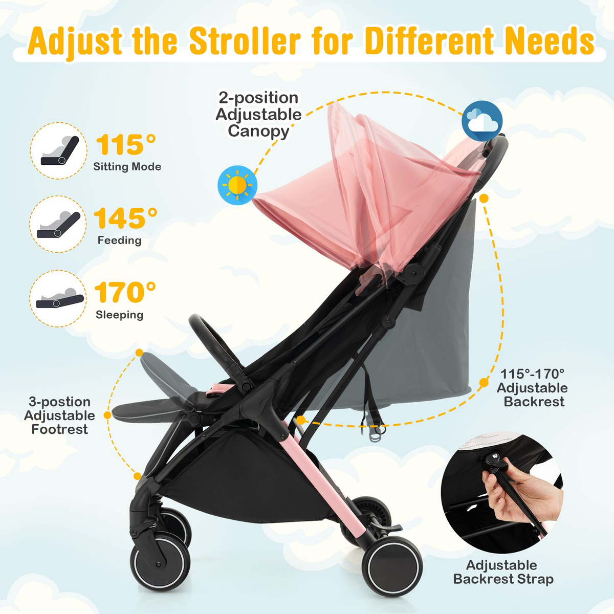 Lightweight Baby Stroller with Detachable Seat Cover