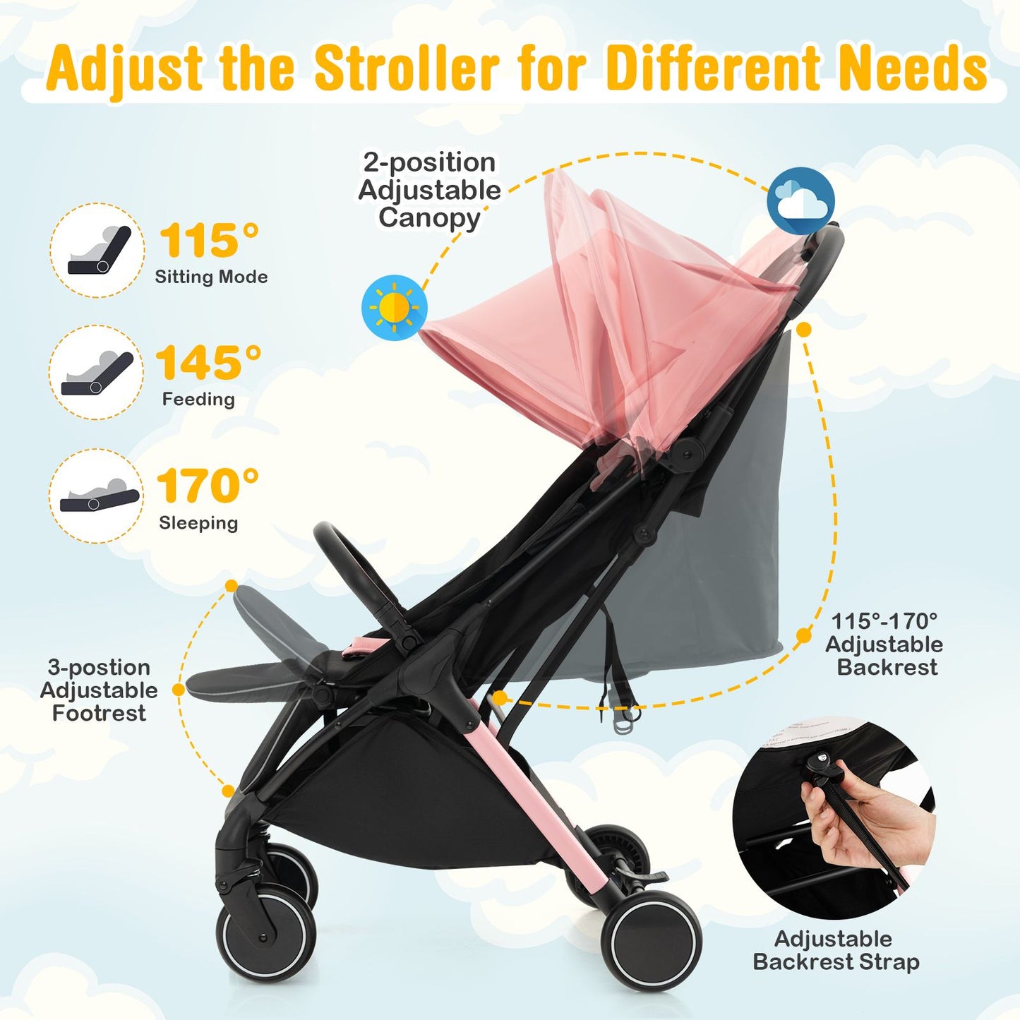 Lightweight Baby Stroller with Detachable Seat Cover