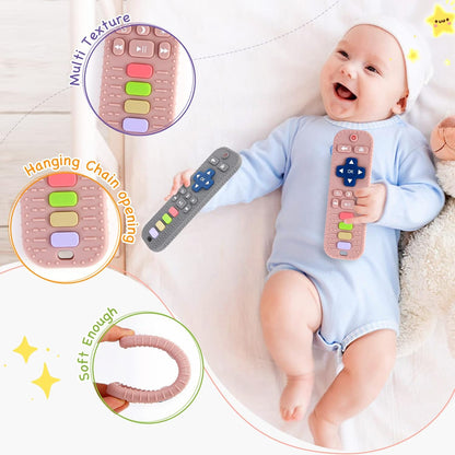 2 Pack Silicone Teething Toys for Babies 0-6 Months, Teethers 6-12 Remote Teether Baby, Sensory Babies, Baby Chew Toys, Toddler Infant Newborn Girl Boy, Pink-Gray