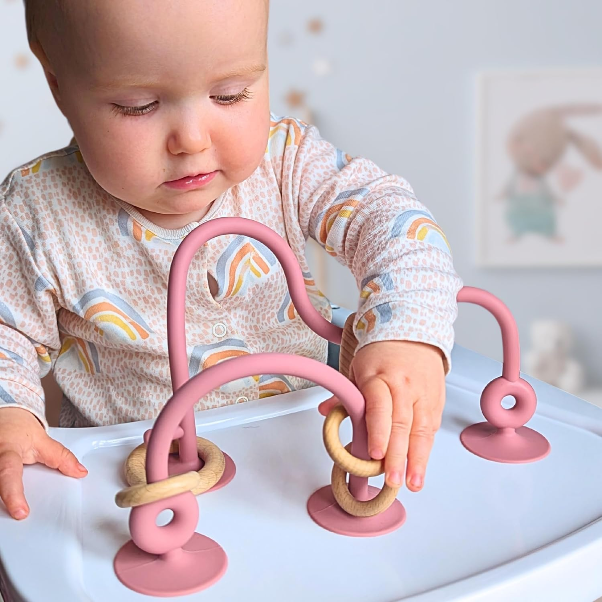 Teething Suction Toy - Premium Wood & Silicone Sensory Teether for Babies 0-6 Months, Perfect for High Chairs - Ideal Baby Gift for Boys & Girls - Blue