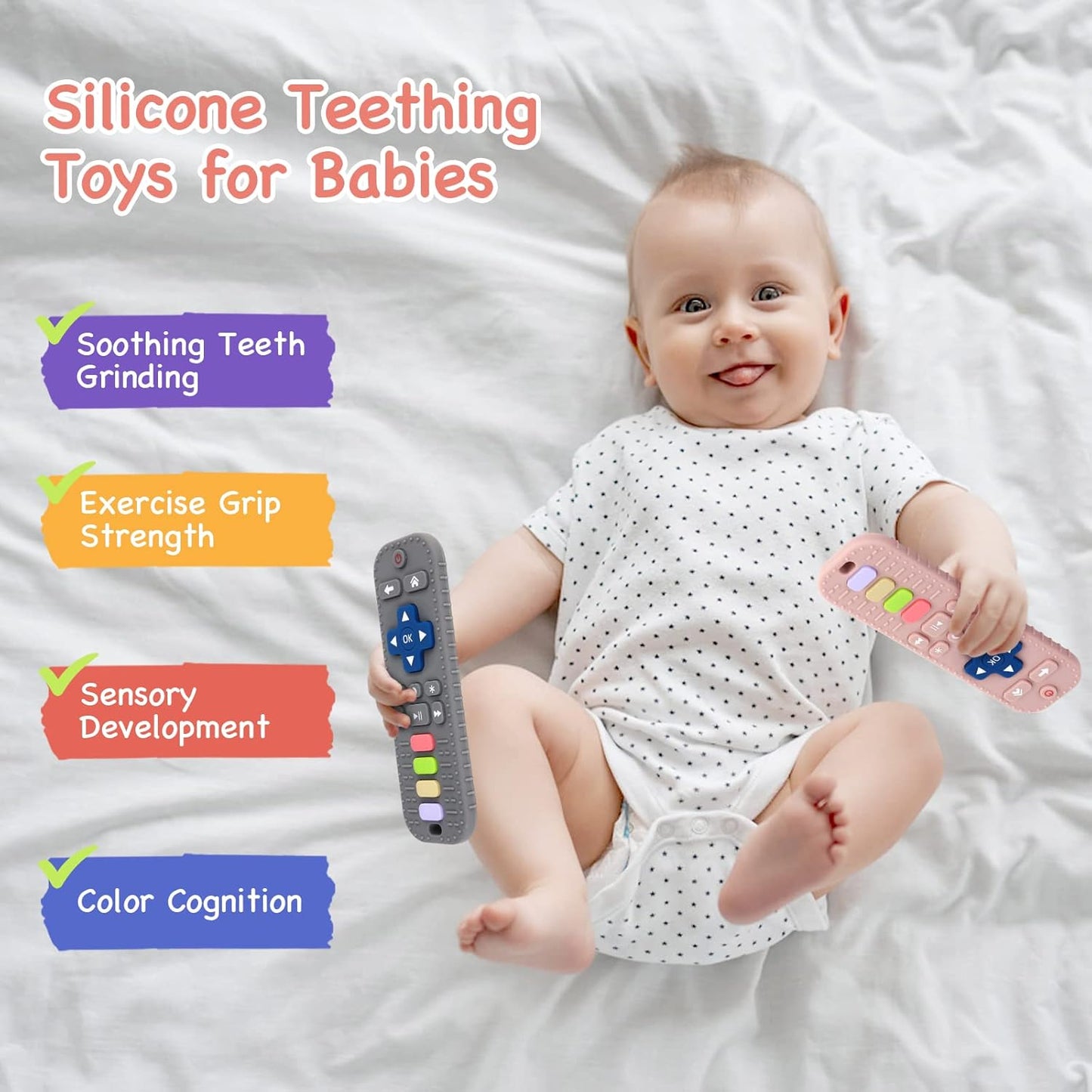 2 Pack Silicone Teething Toys for Babies 0-6 Months, Teethers 6-12 Remote Teether Baby, Sensory Babies, Baby Chew Toys, Toddler Infant Newborn Girl Boy, Pink-Gray