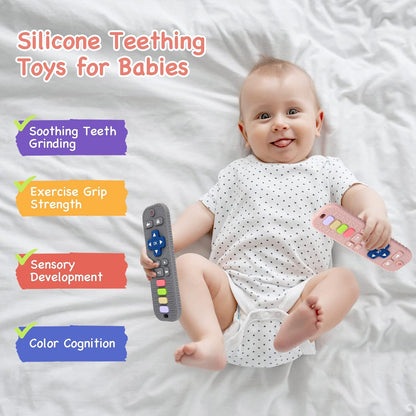 2 Pack Silicone Teething Toys for Babies 0-6 Months, Teethers 6-12 Remote Teether Baby, Sensory Babies, Baby Chew Toys, Toddler Infant Newborn Girl Boy, Pink-Gray